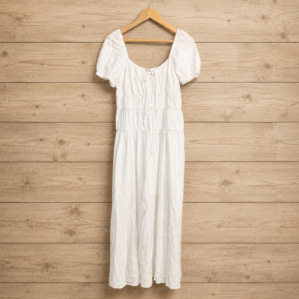 Moon River White Smocked Puff Sleeve Tie Front Midi Dress Womens Size Medium